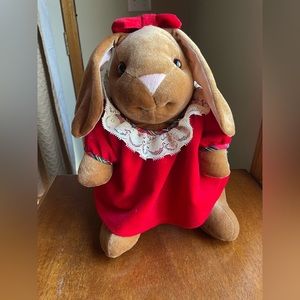 1985 Toys R Us Velveteen Girl Rabbit 13" Plush Commonwealth Christmas Dress